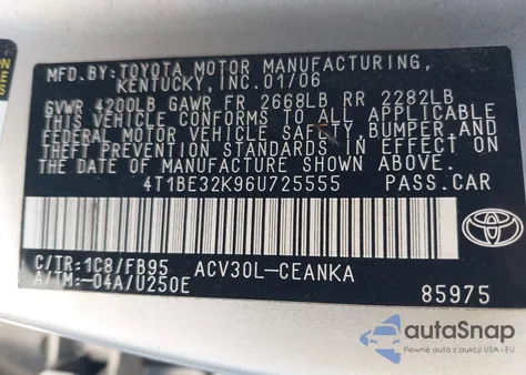 2006 Toyota Camry Le from USA, damaged, VIN 4T1BE32K96U725555